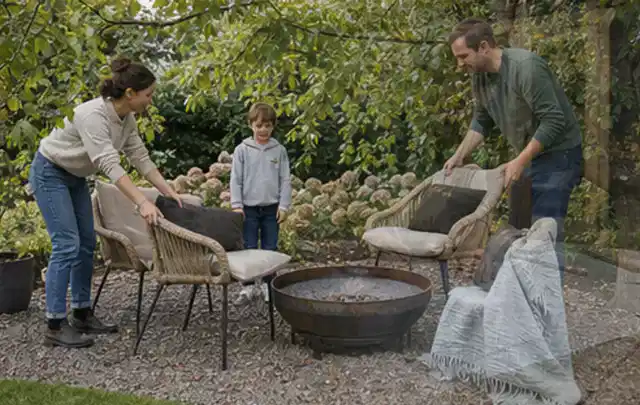 Familie stellt wetterfeste Sessel an einem geschützten Sitzplatz im Garten auf; Thema Aufstellpools, Schwerpunkt Checkliste; Praxisalltag.