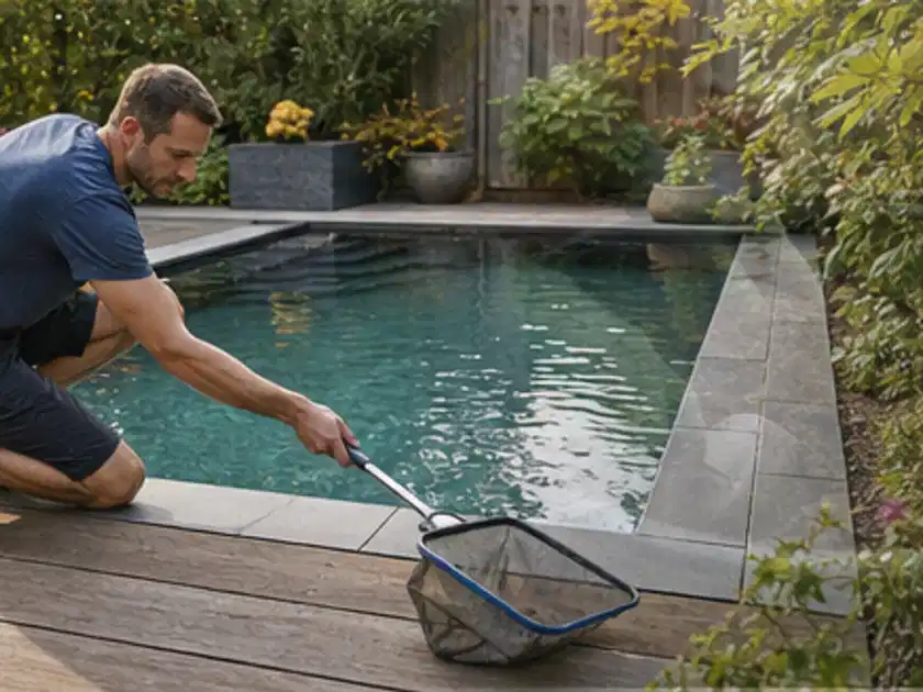 Person entfernt Blätter mit einem Kescher aus einem kleinen Gartenpool; Thema Aufstellpools, Schwerpunkt Dimensionierung; Titelbild.
