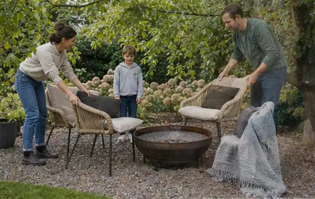 Familie stellt wetterfeste Sessel an einem geschützten Sitzplatz im Garten auf; Thema Aufstellpools, Schwerpunkt Dimensionierung; Umsetzung.