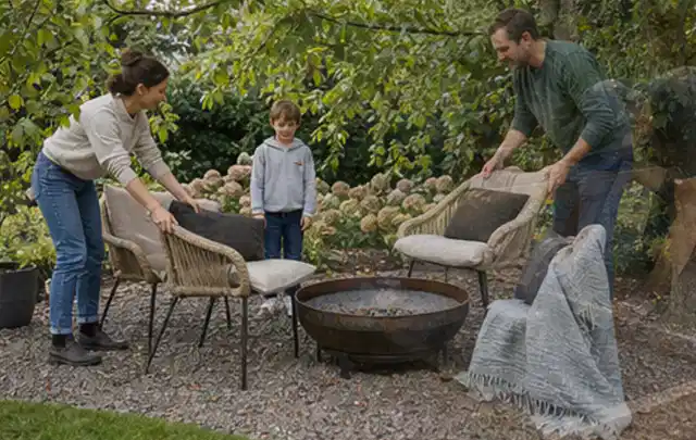 Familie stellt wetterfeste Sessel an einem geschützten Sitzplatz im Garten auf; Thema Aufstellpools, Schwerpunkt Ersatzteile; Ergebnis.
