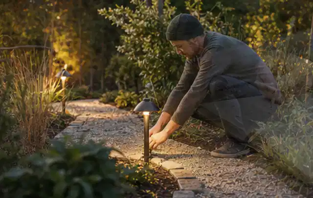 Person richtet eine niedrige warm leuchtende Gartenlampe am Kiesweg aus; Thema Aufstellpools, Schwerpunkt Fehlerhilfe; Kontrolle.