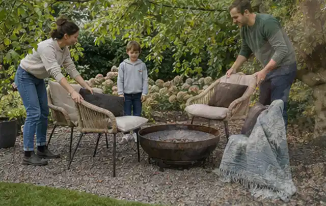 Familie stellt wetterfeste Sessel an einem geschützten Sitzplatz im Garten auf; Thema Aufstellpools, Schwerpunkt Fehlerhilfe; Ergebnis.