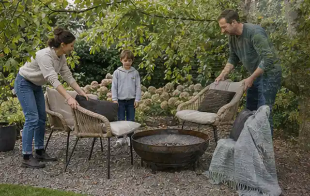 Familie stellt wetterfeste Sessel an einem geschützten Sitzplatz im Garten auf; Thema Aufstellpools, Schwerpunkt Gärten mit großer Fläche; Praxisalltag.