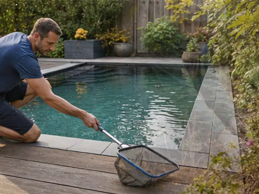 Person entfernt Blätter mit einem Kescher aus einem kleinen Gartenpool; Thema Aufstellpools, Schwerpunkt Kaufberatung; Titelbild.