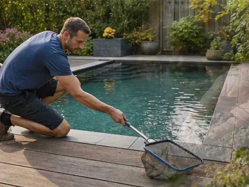 Person entfernt Blätter mit einem Kescher aus einem kleinen Gartenpool; Thema Aufstellpools, Schwerpunkt Leistung; Titelbild.