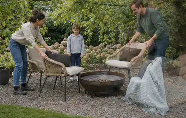 Familie stellt wetterfeste Sessel an einem geschützten Sitzplatz im Garten auf; Thema Aufstellpools, Schwerpunkt Leistung; Umsetzung.