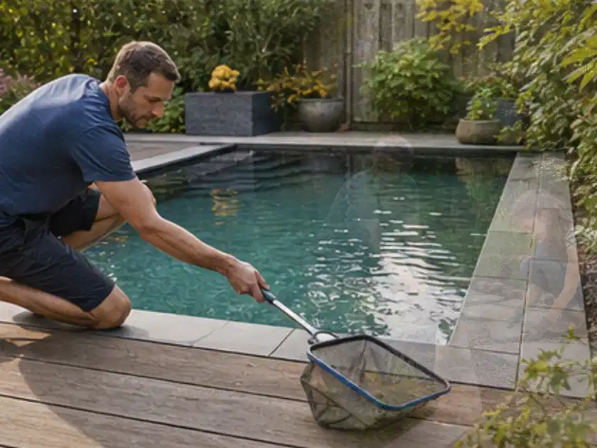 Person entfernt Blätter mit einem Kescher aus einem kleinen Gartenpool; Thema Aufstellpools, Schwerpunkt Nachhaltigkeit; Titelbild.