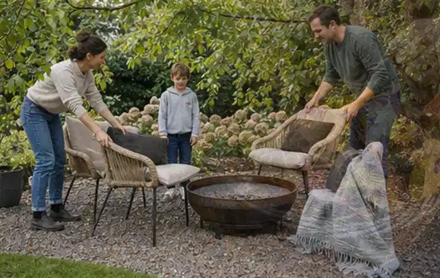 Familie stellt wetterfeste Sessel an einem geschützten Sitzplatz im Garten auf; Thema Aufstellpools, Schwerpunkt Nachhaltigkeit; Kontrolle.