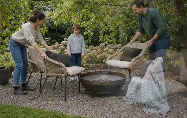Familie stellt wetterfeste Sessel an einem geschützten Sitzplatz im Garten auf; Thema Aufstellpools, Schwerpunkt Reinigung; Ergebnis.