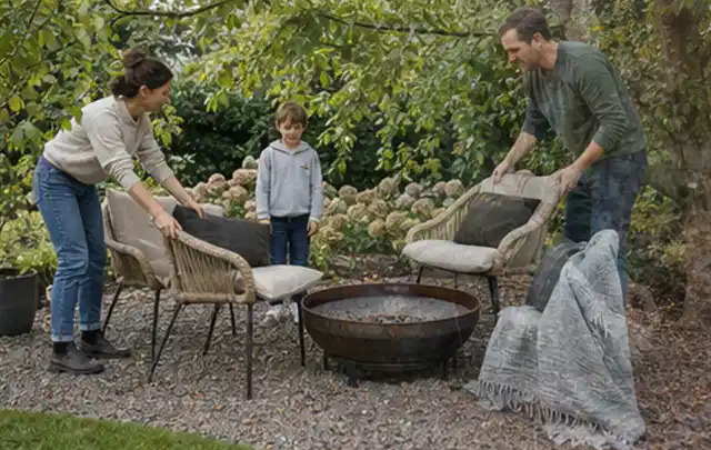 Familie stellt wetterfeste Sessel an einem geschützten Sitzplatz im Garten auf; Thema Aufstellpools, Schwerpunkt Reparatur; Umsetzung.