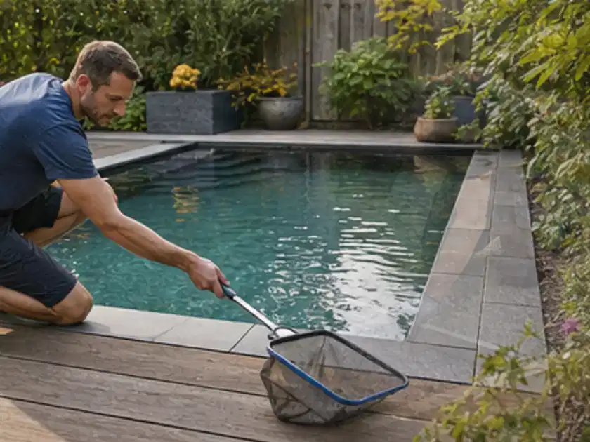 Person entfernt Blätter mit einem Kescher aus einem kleinen Gartenpool; Thema Aufstellpools, Schwerpunkt Sicherheit; Titelbild.
