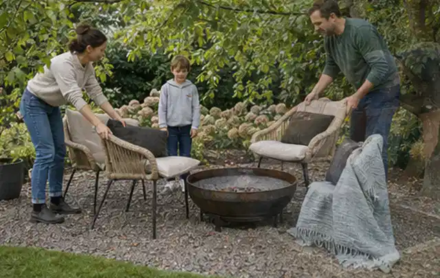 Familie stellt wetterfeste Sessel an einem geschützten Sitzplatz im Garten auf; Thema Aufstellpools, Schwerpunkt Sicherheit; Ausgangslage.
