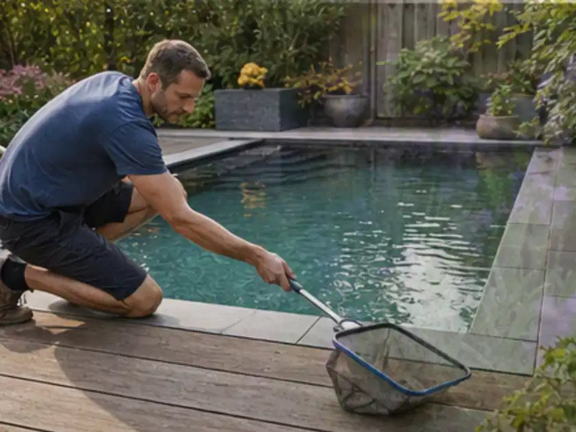 Person entfernt Blätter mit einem Kescher aus einem kleinen Gartenpool; Thema Aufstellpools, Schwerpunkt Testkriterien; Titelbild.
