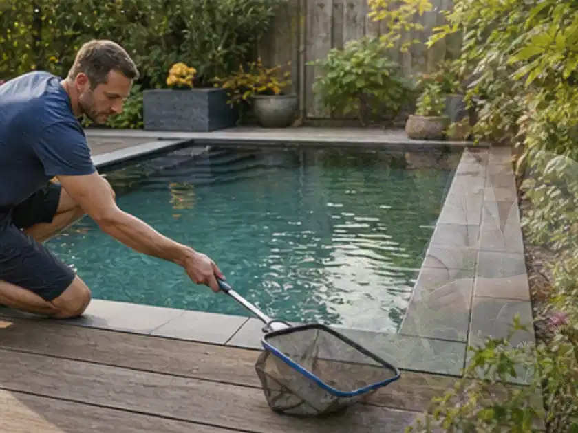 Person entfernt Blätter mit einem Kescher aus einem kleinen Gartenpool; Thema Aufstellpools, Schwerpunkt Vergleich; Titelbild.