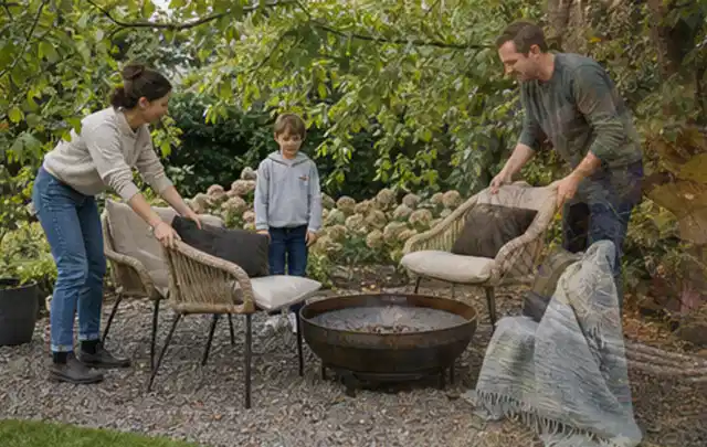 Familie stellt wetterfeste Sessel an einem geschützten Sitzplatz im Garten auf; Thema Aufstellpools, Schwerpunkt Vergleich; Praxisalltag.
