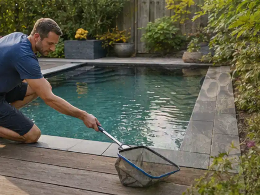 Person entfernt Blätter mit einem Kescher aus einem kleinen Gartenpool; Thema Aufstellpools, Schwerpunkt Wartung; Titelbild.