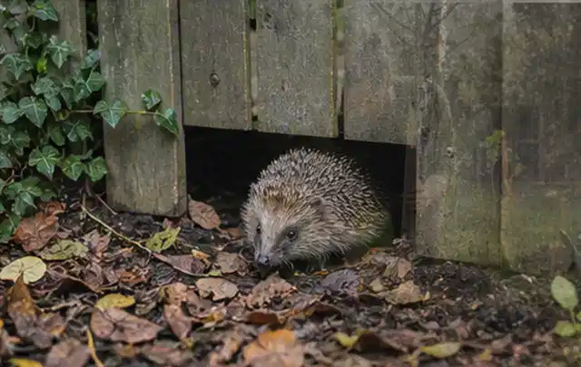 Igel nutzt einen bodennahen Durchgang unter einem hölzernen Gartenzaun; Thema Aufstellpools, Schwerpunkt Wartung; Kontrolle.
