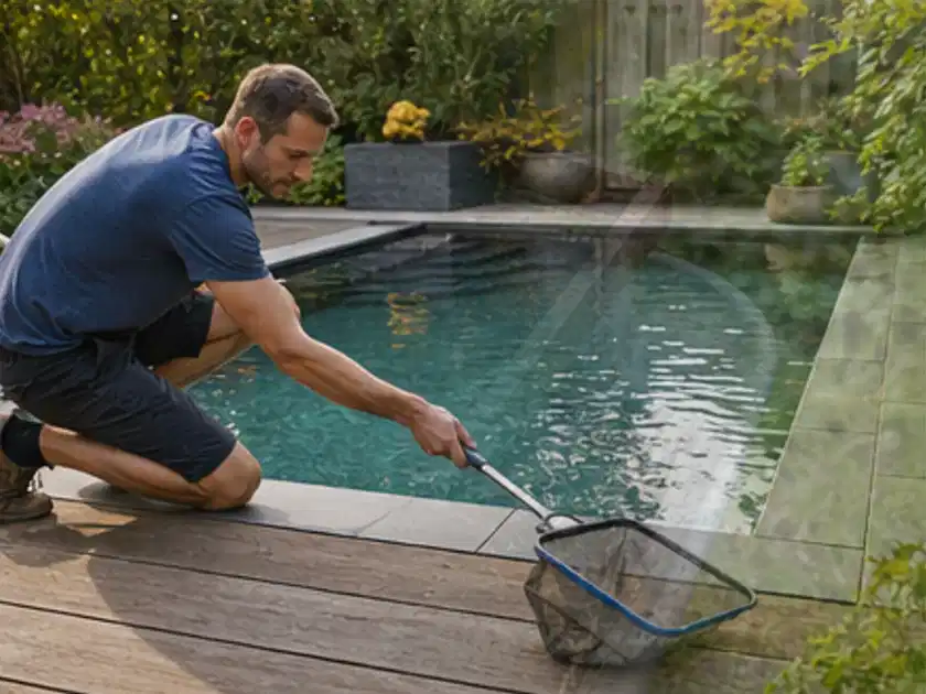 Person entfernt Blätter mit einem Kescher aus einem kleinen Gartenpool; Thema Aufstellpools, Schwerpunkt Winterlager; Titelbild.