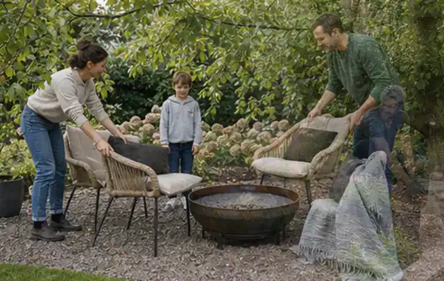 Familie stellt wetterfeste Sessel an einem geschützten Sitzplatz im Garten auf; Thema Aufstellpools, Schwerpunkt Winterlager; Ergebnis.