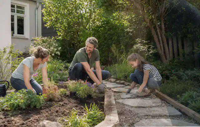 Familie geht auf einem Weg durch einen abwechslungsreich gestalteten Garten; Thema Balkon, Schwerpunkt Anleitung; Umsetzung.