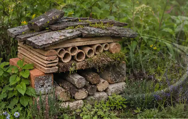 Naturnaher Unterschlupf aus Holz Rinde und Pflanzenstängeln im Garten; Thema Balkon, Schwerpunkt Anleitung; Kontrolle.