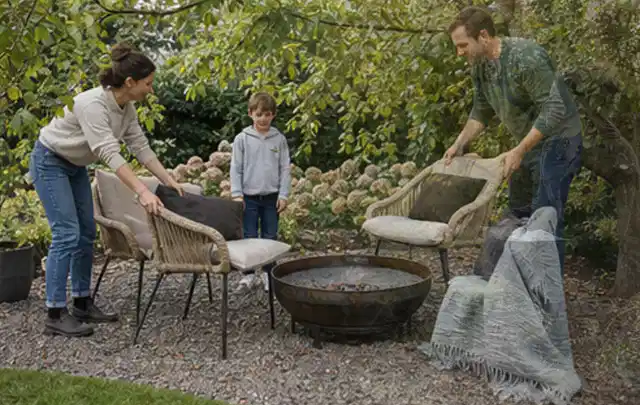 Familie stellt wetterfeste Sessel an einem geschützten Sitzplatz im Garten auf; Thema Balkon, Schwerpunkt Anleitung; Ergebnis.