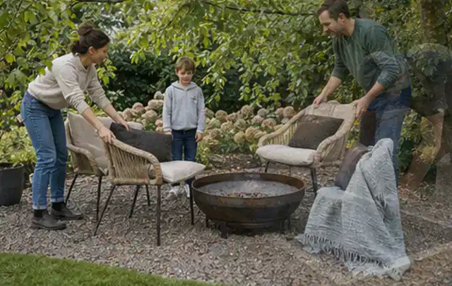 Familie stellt wetterfeste Sessel an einem geschützten Sitzplatz im Garten auf; Thema Balkon, Schwerpunkt Beleuchtung; Ausgangslage.