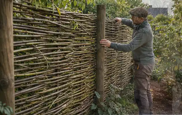 Person befestigt geflochtene Weidenruten an stabilen Holzpfosten im Garten; Thema Balkon, Schwerpunkt Beleuchtung; Kontrolle.