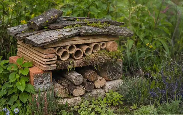 Naturnaher Unterschlupf aus Holz Rinde und Pflanzenstängeln im Garten; Thema Balkon, Schwerpunkt Bepflanzung; Umsetzung.