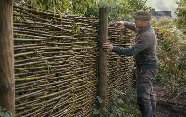 Person befestigt geflochtene Weidenruten an stabilen Holzpfosten im Garten; Thema Balkon, Schwerpunkt Bepflanzung; Praxisalltag.