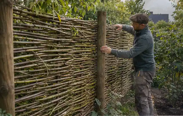 Person befestigt geflochtene Weidenruten an stabilen Holzpfosten im Garten; Thema Balkon, Schwerpunkt Checkliste; Ausgangslage.