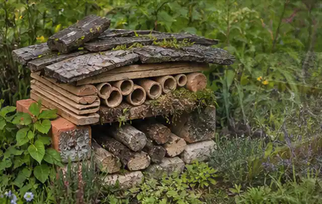 Naturnaher Unterschlupf aus Holz Rinde und Pflanzenstängeln im Garten; Thema Balkon, Schwerpunkt Checkliste; Umsetzung.
