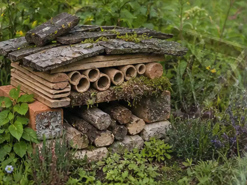 Naturnaher Unterschlupf aus Holz Rinde und Pflanzenstängeln im Garten; Thema Balkon, Schwerpunkt Fehlerhilfe; Titelbild.