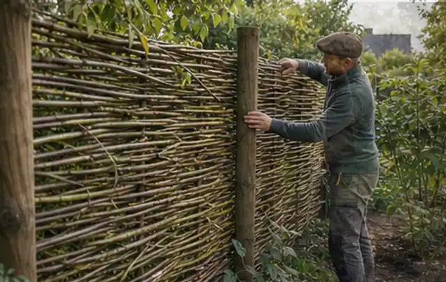 Person befestigt geflochtene Weidenruten an stabilen Holzpfosten im Garten; Thema Balkon, Schwerpunkt Fehlerhilfe; Praxisalltag.