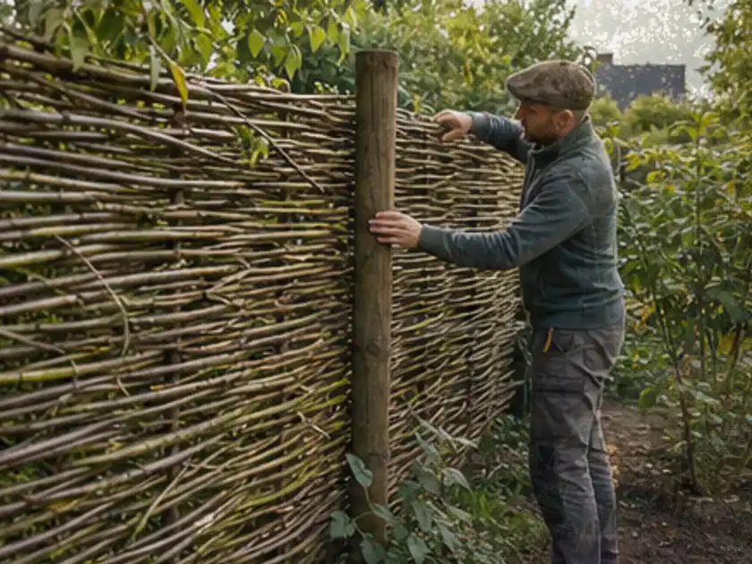 Person befestigt geflochtene Weidenruten an stabilen Holzpfosten im Garten; Thema Balkon, Schwerpunkt Gärten mit kleiner Fläche; Titelbild.