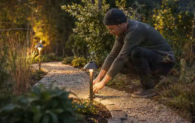 Person richtet eine niedrige warm leuchtende Gartenlampe am Kiesweg aus; Thema Balkon, Schwerpunkt Garten gestalten; Umsetzung.