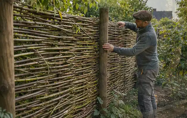 Person befestigt geflochtene Weidenruten an stabilen Holzpfosten im Garten; Thema Balkon, Schwerpunkt Garten gestalten; Kontrolle.