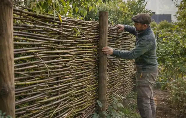 Person befestigt geflochtene Weidenruten an stabilen Holzpfosten im Garten; Thema Balkon, Schwerpunkt Hanglage; Praxisalltag.