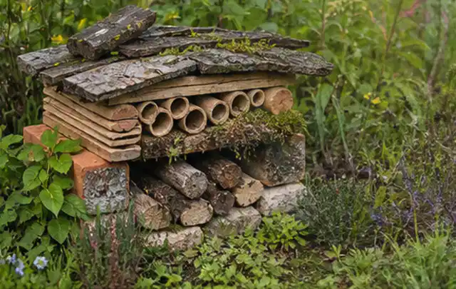 Naturnaher Unterschlupf aus Holz Rinde und Pflanzenstängeln im Garten; Thema Balkon, Schwerpunkt Inspiration; Ausgangslage.