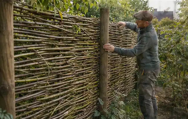 Person befestigt geflochtene Weidenruten an stabilen Holzpfosten im Garten; Thema Balkon, Schwerpunkt Inspiration; Praxisalltag.