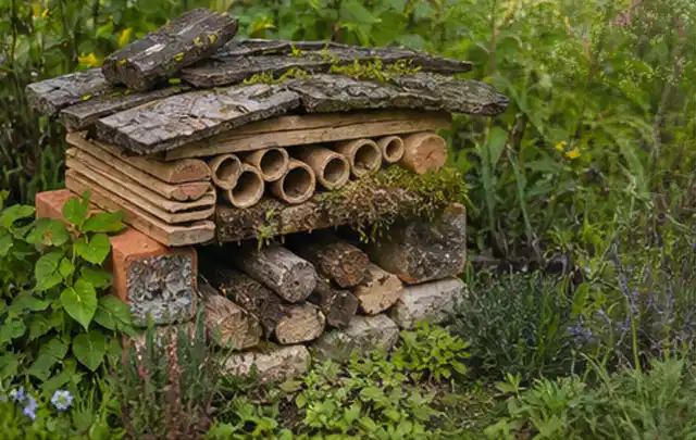 Naturnaher Unterschlupf aus Holz Rinde und Pflanzenstängeln im Garten; Thema Balkon, Schwerpunkt Kosten; Ergebnis.