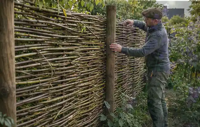 Person befestigt geflochtene Weidenruten an stabilen Holzpfosten im Garten; Thema Balkon, Schwerpunkt Kosten; Praxisalltag.