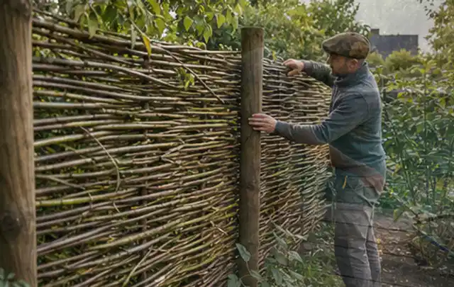Person befestigt geflochtene Weidenruten an stabilen Holzpfosten im Garten; Thema Balkon, Schwerpunkt Materialwahl; Ausgangslage.