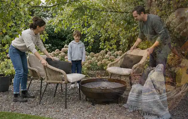 Familie stellt wetterfeste Sessel an einem geschützten Sitzplatz im Garten auf; Thema Balkon, Schwerpunkt Materialwahl; Umsetzung.