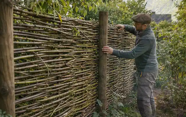 Person befestigt geflochtene Weidenruten an stabilen Holzpfosten im Garten; Thema Balkon, Schwerpunkt Naturgarten; Umsetzung.