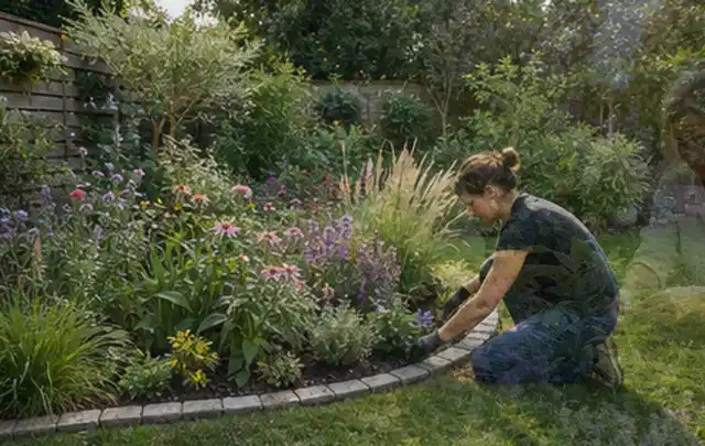 Person pflegt die klare Kante eines geschwungenen blühenden Staudenbeets; Thema Balkon, Schwerpunkt Naturgarten; Ergebnis.