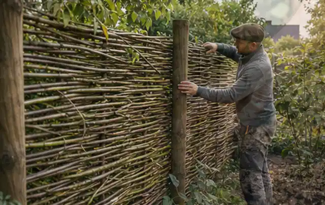 Person befestigt geflochtene Weidenruten an stabilen Holzpfosten im Garten; Thema Balkon, Schwerpunkt Pflegeleichtigkeit; Kontrolle.