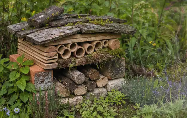Naturnaher Unterschlupf aus Holz Rinde und Pflanzenstängeln im Garten; Thema Balkon, Schwerpunkt Praxisbeispiele; Praxisalltag.
