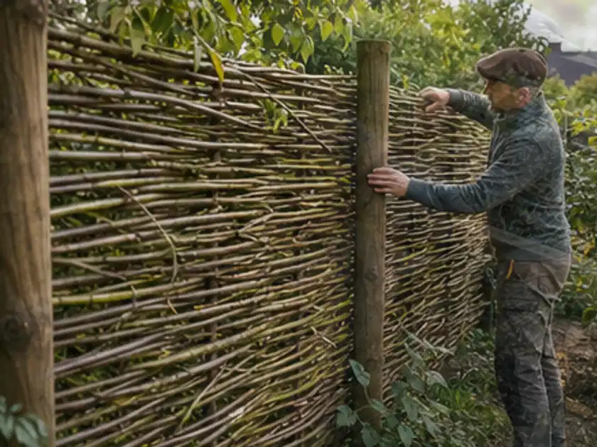 Person befestigt geflochtene Weidenruten an stabilen Holzpfosten im Garten; Thema Balkon, Schwerpunkt Privatsphäre; Titelbild.