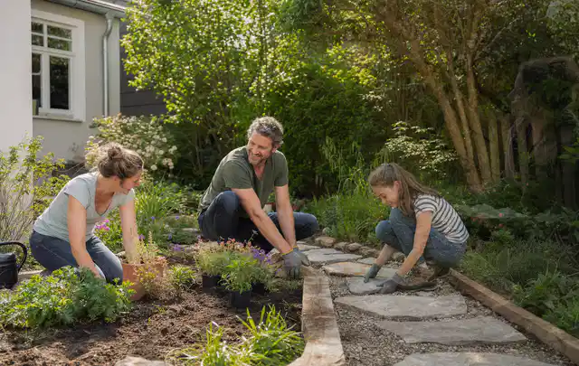 Familie geht auf einem Weg durch einen abwechslungsreich gestalteten Garten; Thema Balkon, Schwerpunkt Privatsphäre; Kontrolle.